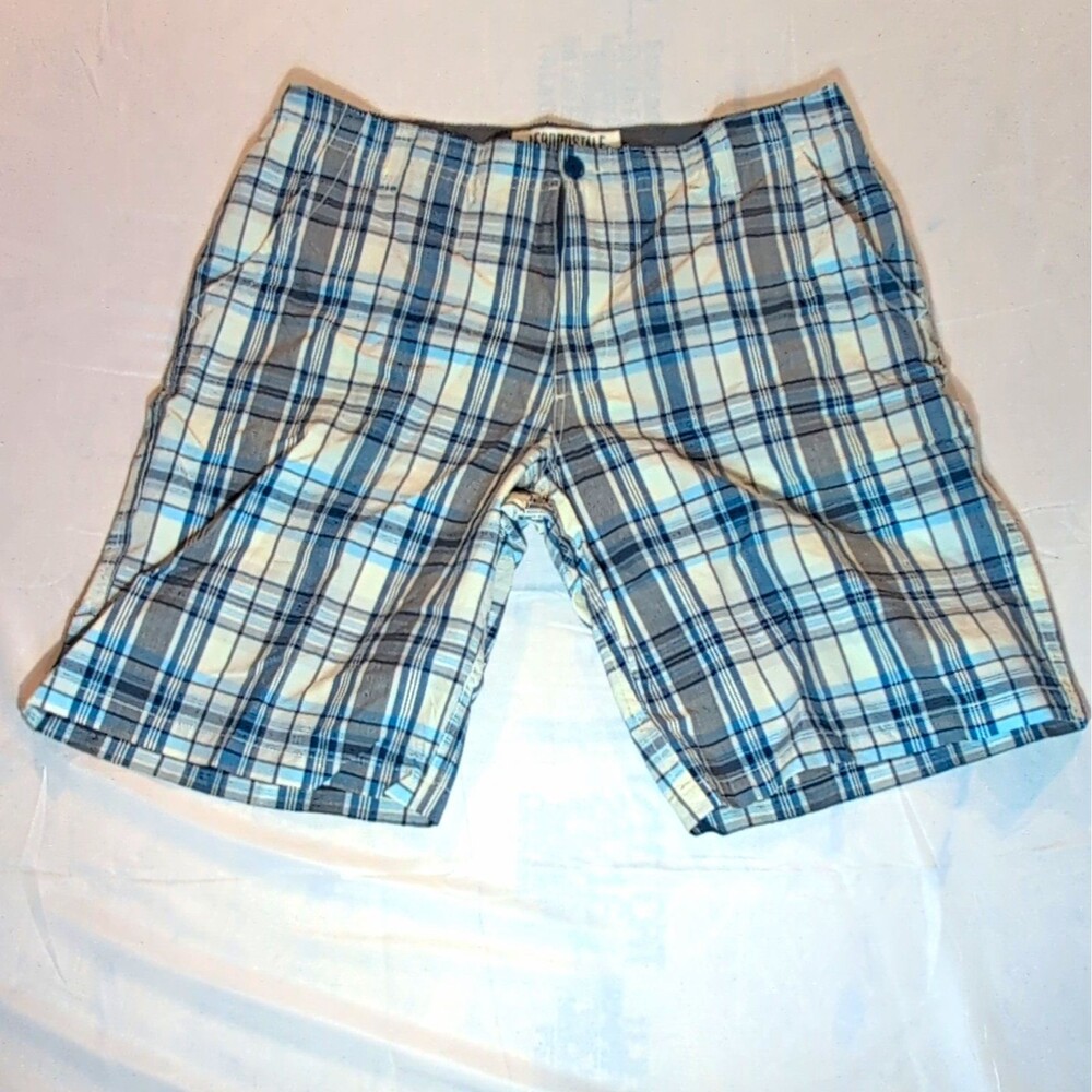 Aéropostale Men's Plaid Chino Shorts Flat Front Cotton Canvas Blue Gray White 38